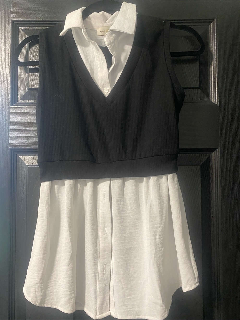 Layered Button V-Neck Mock-Sweater Tank with White Shirt Hem